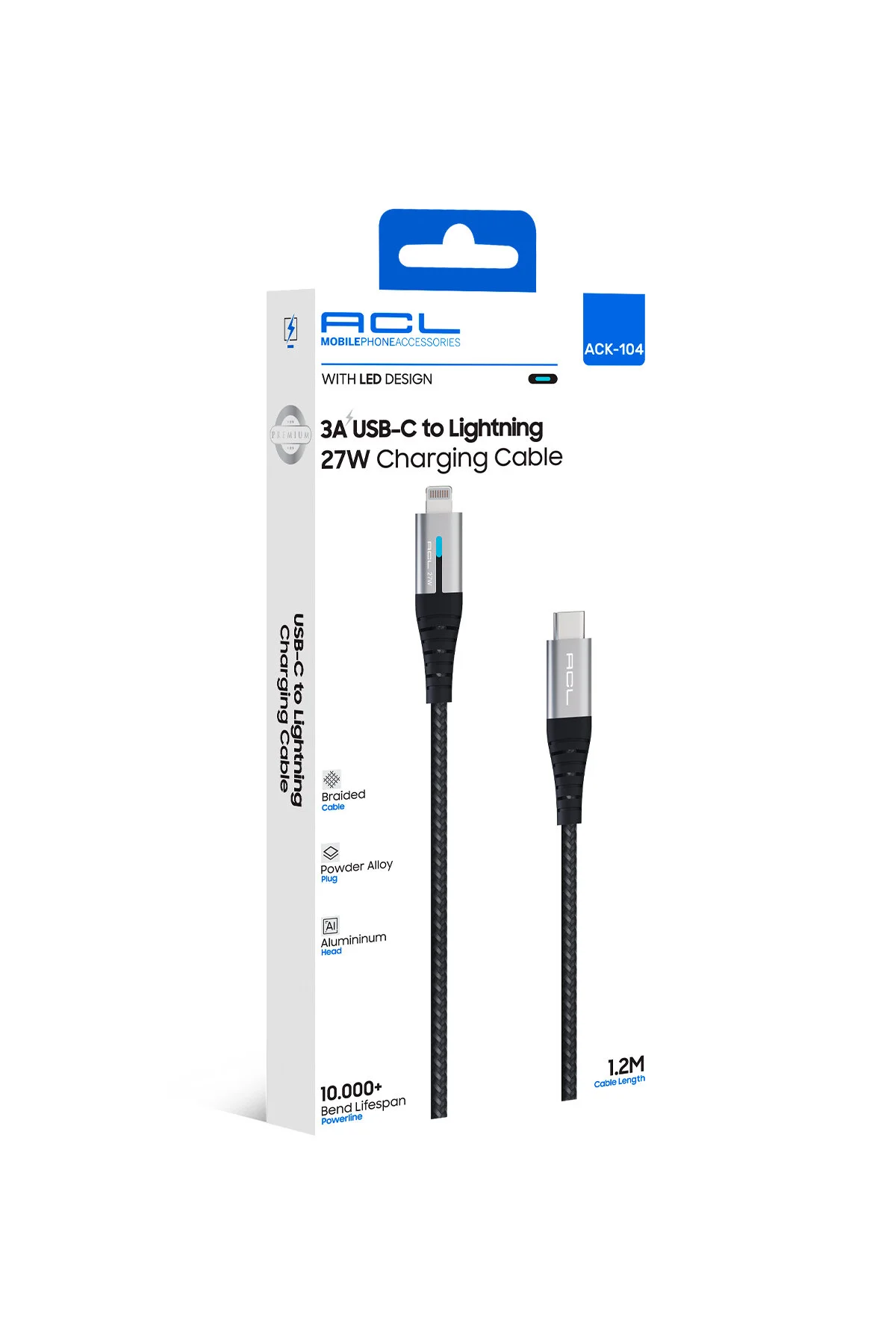 Ack-104 1.2m Led Göstergeli 27w Usb-c To Lightning Örgü Şarj Ve Veri Kablosu 3a 1.2 M