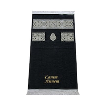 Kişiye Özel Anneler Günü İçin İsim Nakışlı Kabe Desenli Şönil Seccade Siyah