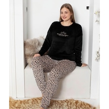 Pijamoni Kadın Kadife Büyük Beden Bisiklet Yaka Uzun Kol Pijama Takımı 4230/1- 1 Adet Siyah