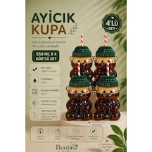 4lü Ayıcık Tasarım Cam Pipetli Soğuk İçecek Kahve Bardağı Yeşil Şapkalı Bear Bardak 550ml Barista Şefaf