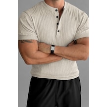 Cool Tarz Erkek Slim Dar Hakim Yaka Düz Triko T-shirt Bej Bej