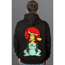 Bumeta Naruto Pikachu Balbazar Bulbasaur Anime Kızgın Ninja Japanese Sweatshirt Unisex Kapüşonlu Hoodie Siyah