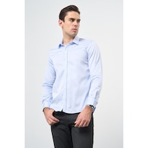 İmza Mavi Uzun Kol Düz Bez Ayağı 032 Sert Yaka Classic Slim Fit Gömlek 1004245324 Mavi