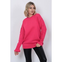 Kadın Triko Kazak Bisiklet Yaka Kolu Desenli Oversize Fujya Fuşya