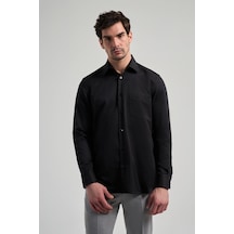 İmza Uzun Kol Desenli Armürlü Sert Yaka Cepli Pamuklu Classic Comfort Fit Gömlek 1004250171 Siyah