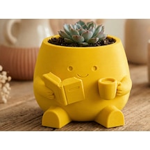 3d Baskı Kitap Okuyan Saksı - Kupa Tutan Sevimli Saksı-sarı