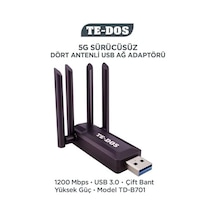 Usb 3.0 Çift Bant Wifi Adaptörü 1200 Mbps 4 Antenli Yüksek Çekim Gücü 2.4ghz 5ghz Driver Gerektirmez Masaüstü Ve Dizüstü Bilgisayar İçin Kablosuz Ağ Kartı Te-dos Td-b701