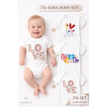 Babyden's Love Baskılı 3 Lü Bebek Body Seti %100 Pamuk Kısa Kollu Çıtçıtlı Unisex Bebek Zıbın Beyaz