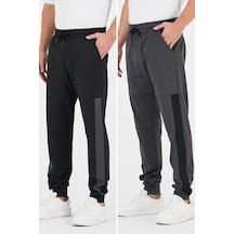 Mmetalic Erkek Siyah-Antrasit Standart Fit Normal Kesim Paça Ribanalı Cepli Rahat Jogger 2'li Eşofman Altı Mtlce101-2 Siyah - Antrasit