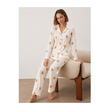 Fit Women Kadın Gömlek Yakalı Uzun Kollu Beyaz Pijama Seti