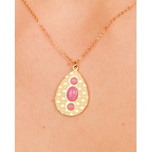 Lekka Design Kadın Takı Kararmaz Çelik Pudra Pembe Taşlı Damla Antik Kolye