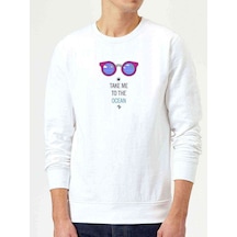 Take Me To The Ocean Gözlük Baskılı Beyaz Erkek Sweatshirt