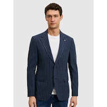 Cacharel Lacivert Çizgili Slim Fit Yün Karışımlı Klasik Ceket