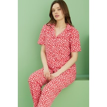 Siyah İnci Bürümcük Krınkıl Kumaş Örme Düğmeli Pijama Takım25118560 Çok Renkli