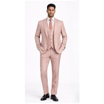 Fabio Cassel Slim Fit Mono Yaka Çift Yırtmaçlı Astarlı Takım Elbise Yelekli Pudra