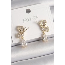 Pirinç Gold Renk Zirkon Taşlı Turna Kuşu Model Sallantı Detay Kadın Küpe Çok Renkli