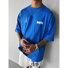 Paris City Süprem T-shirt - Sax Mavi Baskılı Oversize Bisiklet Yaka Kısa Kol Tişört Saks Mavi