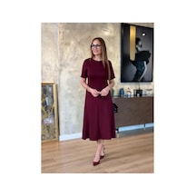 Butik İstanbul Kadın Kısa Kollu Bisiklet Yaka Midi Viskon Iki Iplik Elbise Bordo