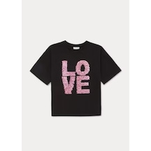 2474 Kız Çocuk Siyah Payet Sloganlı T-shirt 4-12 Yaş - 90 Siyah