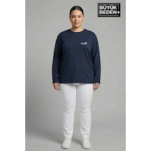 Süperlife Kadın Büyük Beden Air Baskılı 2 İplik Bisiklet Yaka Tişört Spr26bts942-1 Lacivert