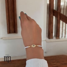 Başak Burçlarına Özel 14 Ayar Altın Plakalı Doğal Beyaz Derili Oval Motifli Hediye Bileklik-529burç Başak