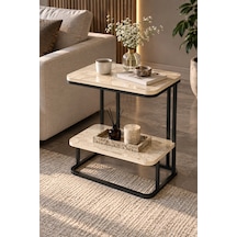 Sulorahome Ekru Traverten Desenli 2 Katlı Yan Sehpa 55 Cm