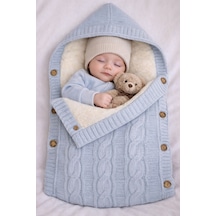 % 100 Organik İçi Polarlı Kapüşonlu Düğme Detaylı Triko Bebe Kundağı 75 X 40 Cm 1068 Mavi Mavi