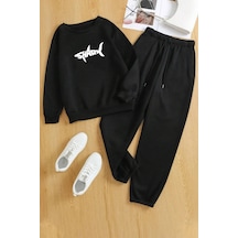 Uyguntarz Unisex Shark Baskılı Bisiklet Yaka Eşofman Takımı Siyah