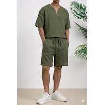 Tarz Cool Erkek Oversize Şort Takım V Yaka Yırtmaçlı Tişört Rahat Kesim Yazlık Takım Haki