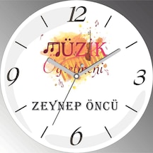 Kişiye Özel Müzik Öğretmeni Çap 30cm Sessiz Akar Bombeli Gerçek Cam Duvar Saati Siyah