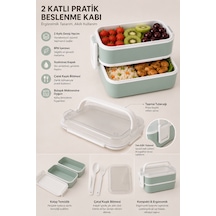 2 Katlı Plastik Kaşık Ve Çatallı Kilitli Lunch Box Yeni Nesil Sefer Tası 7 Parça Sızdırmaz Kapaklı Beslenme Kabı Açık Yeşil