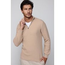Tudors Slim Fit Dar Kesim Dik Yaka Fermuarlı Desenli Bej Erkek Triko Kazak-28924 Taş - Ekru