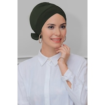 Hürrem Bone Haki Pratik Hazır Geçmeli Tesettür Bone Sandy Kumaş Fiyonklu Çift Haki