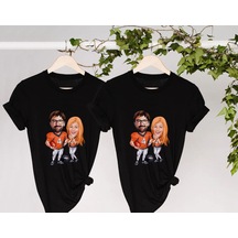 Bk Gift Kişiye Özel Sevgililer Karikatürlü İkili Siyah T-shirt Seti, Sevgililer Hediye, Çift Hediyesi, Yıl Dönümü Hediyesi, Kişiye Özel Tişört-1