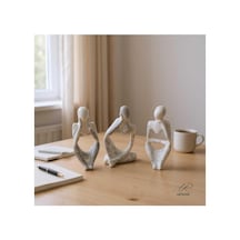 Mermer Görünümlü Düşünen İnsan Figürü 3'lü Set - Dekoratif - Modern Porselen Tozu Obje - 12.5 Cm Çok Renkli