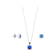 Oya Silver Mini Kare Beyaz Işıltı Çevrili Opal Gümüş Kadın Kolye Küpe Set