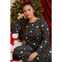 Siyah İnci Yılbaşı Temalı Desenli Termal Kumaşlı Ultra Soft Yumuşak Büyük Beden Battal Boy Örme Pijama Takımı 26226711 Yeşil