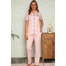 Pembe Kadın Çizgili Desenli Gömlek Yaka Pijama Takım EDY2568KK-P
