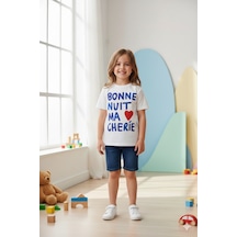 Monila Kız Çocuk Beyaz Baskılı Pamuklu Bisiklet Yaka T-shirt Ekru