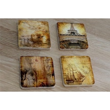 Kolaj Rönesans Eyfel Kulesi Ve Eski Savaş Gemisi Doğal Taş Bardak Altlığı 4'lü Set - Natural Stone Coasters - Taş Çok Renkli