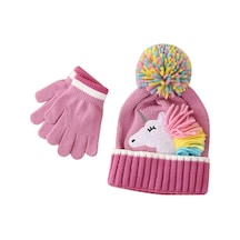 Unicorn Aplikeli Örme Bere Ve Eldiven İkili Set Pembe