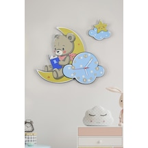 Sevimli Ay Ve Ayıcık Çocuk Odası Ahşap Duvar Saati Ahşap