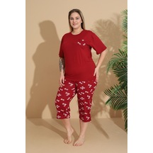 Eyfuze Kadın Curve Büyük Beden Milan Kumaş Kapri Kısa Kollu Pijama Takımı Kırmızı