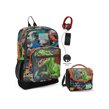 Coral High Gri Yeşil Dinazor Okul Ve Beslenme Çantası Seti - Usb