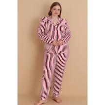 Wordex Mirano 9851 Uzun Kollu Şardonlu Soft Kışlık Düğmeli Büyük Beden Kalpli Kadın Pijama Takımı Bordo