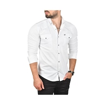 Deepsea Erkek Beyaz Slim Fit Pamuklu Cepli Kot Gömlek Çıtçıtlı Uzun Kollu Spor Gömlek 2502503 Beyaz