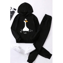 Uyguntarz Unisex Ördek Baskılı Çocuk Rahat Eşofman Takımı Siyah
