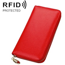 906 Antimanyetik Rfıd Litchi Doku Kadın Büyük Kapasiteli El Cüzdan Çanta Telefon Çanta Kart Yuvaları İle Kırmızı