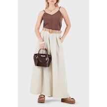 Via Dante Relaxed Fit Yüksek Bel Bol Paça Keten Pantolon Bayan Pantolon 7544 Bej