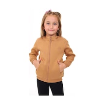 Toontoy Kız Çocuk Dik Yaka Fermuarlı Yarım Düşük Omuz Örme Hırka - 2 İplik Şardonlu Kahverengi
